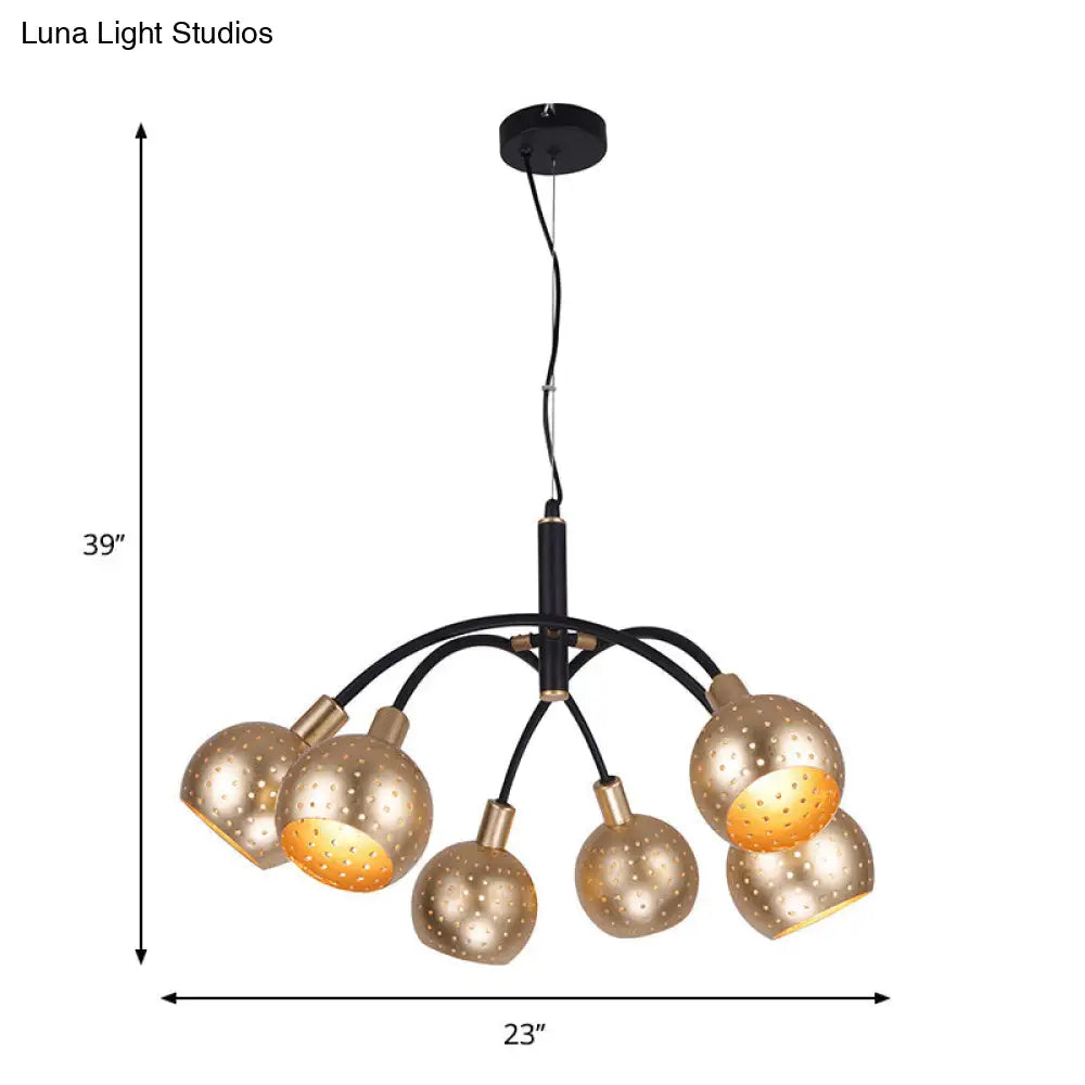 Modern Gold And Black Dome Pendant Chandelier - 6 Bulb Metal Suspension Light With Hollow Out Design