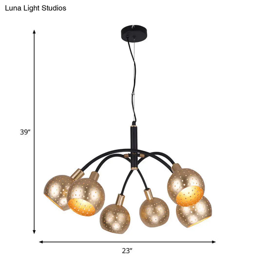 Modern Gold And Black Dome Pendant Chandelier - 6 Bulb Metal Suspension Light With Hollow Out Design