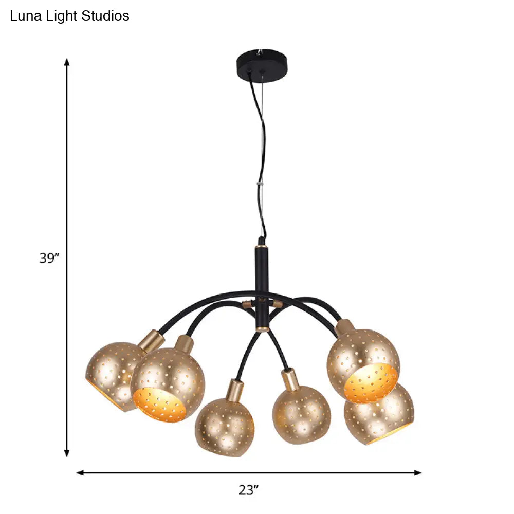 Modern Gold And Black Pendant Chandelier With Hollow Out Design - 6 Bulb Metal Suspension Light