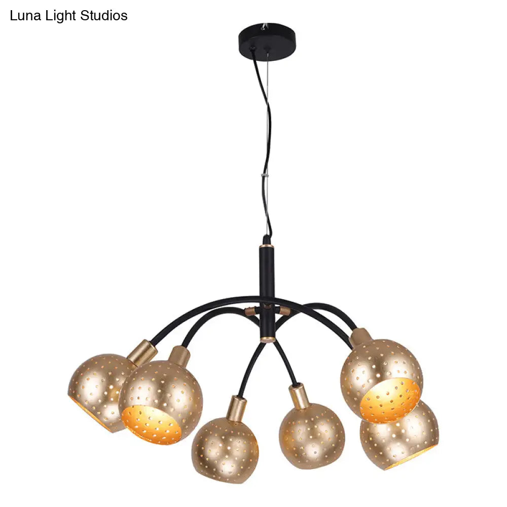 Modern Gold And Black Dome Pendant Chandelier - 6 Bulb Metal Suspension Light With Hollow Out Design