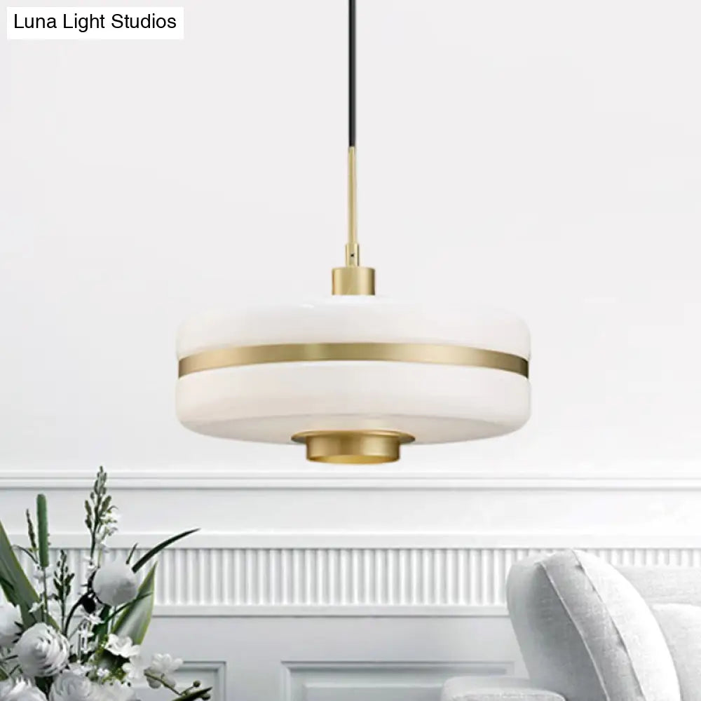 Modern White Glass Drum Pendant Ceiling Light With Gold Suspension For Living Room