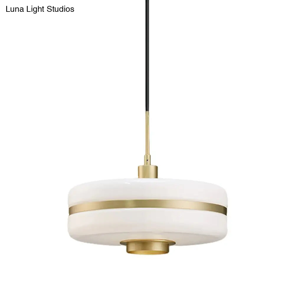 Modern White Glass Drum Pendant Ceiling Light With Gold Suspension For Living Room