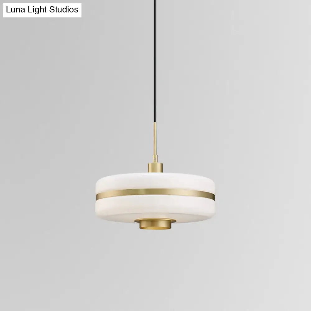 Modern White Glass Drum Pendant Ceiling Light With Gold Suspension For Living Room