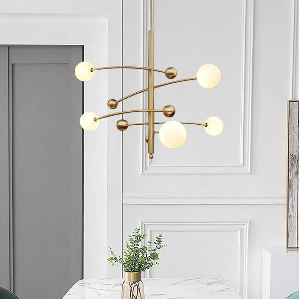 Modern Gold Bedroom Chandelier With Milk Glass Shades - 5 Bulb Suspended Lighting Fixture