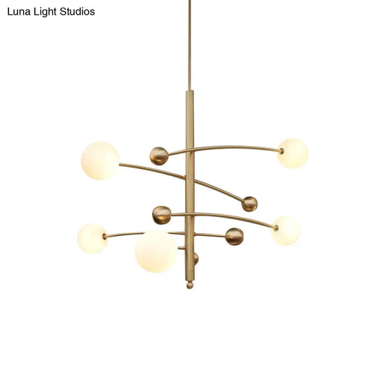 Modern Gold Bedroom Chandelier With Milk Glass Shades - 5 Bulb Suspended Lighting Fixture