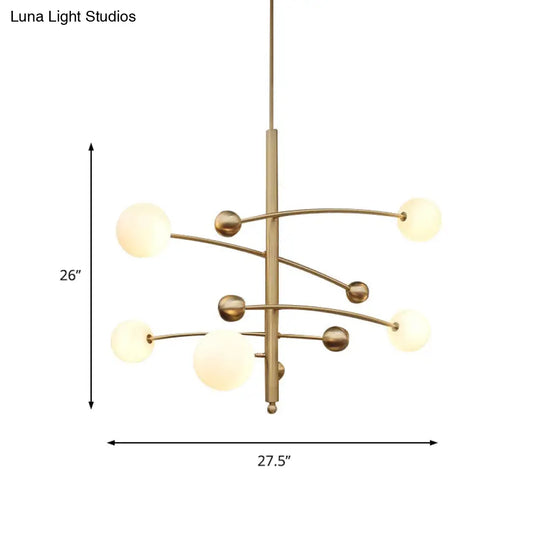 Modern Gold Bedroom Chandelier With Milk Glass Shades - 5 Bulb Suspended Lighting Fixture