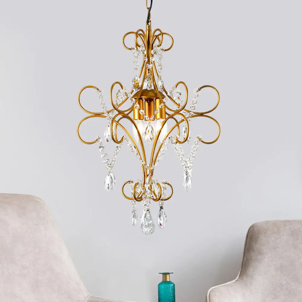 Modern Gold Bent Arm Chandelier Light With Glass Strand - 3-Light Iron Hanging Ceiling Fixture