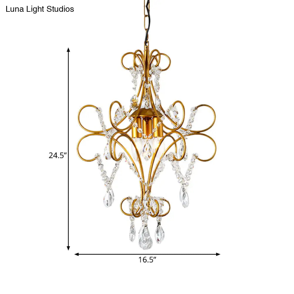 Modern Gold Bent Arm Chandelier Light With Glass Strand - 3-Light Iron Hanging Ceiling Fixture