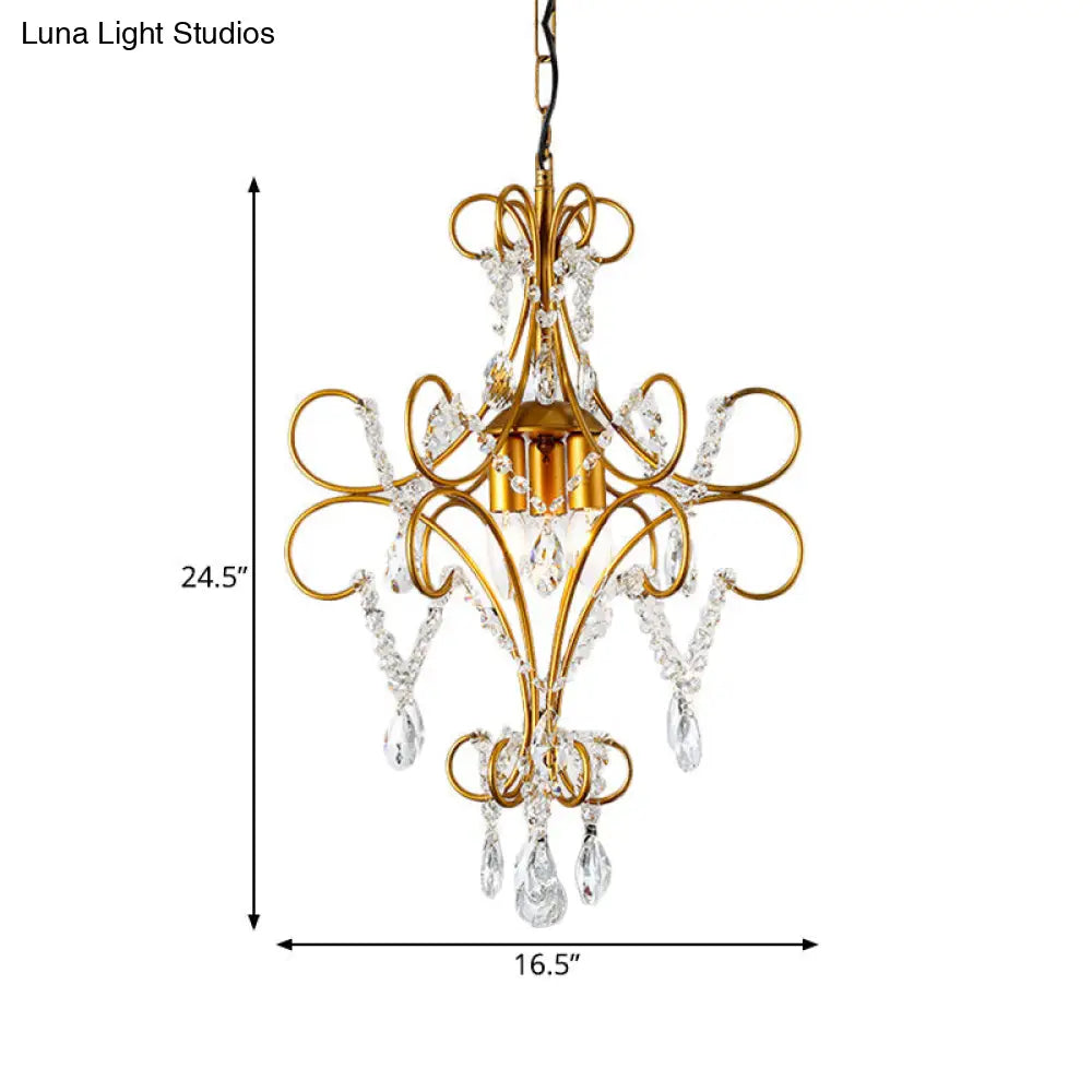 Modern Gold Arm Frame Chandelier With Glass Strand - 3 Lights