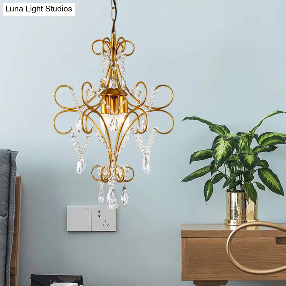 Modern Gold Bent Arm Chandelier Light With Glass Strand - 3-Light Iron Hanging Ceiling Fixture