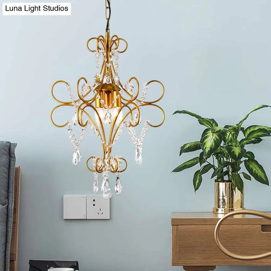 Modern Gold Bent Arm Chandelier Light With Glass Strand - 3-Light Iron Hanging Ceiling Fixture