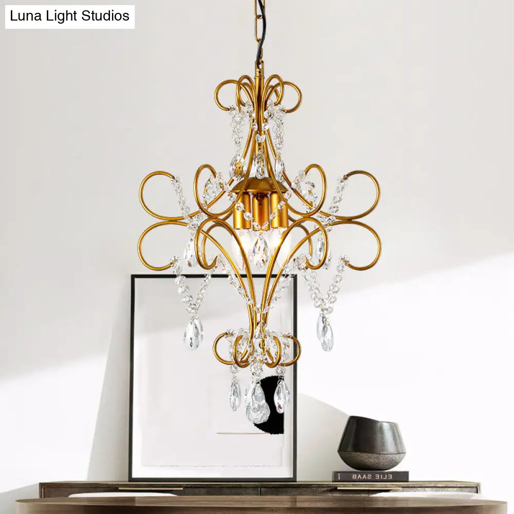 Modern Gold Bent Arm Chandelier Light With Glass Strand - 3-Light Iron Hanging Ceiling Fixture