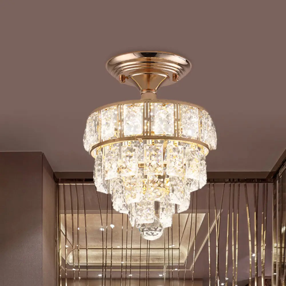 Modern Gold Beveled Crystal Led Ceiling Flush Mount With 4 Tiers - Elegant Hallway Lighting