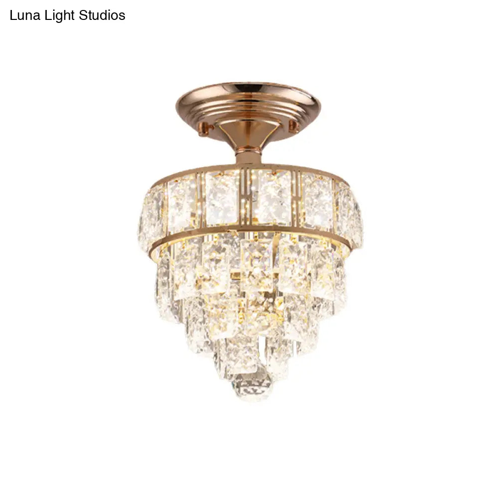 Modern Gold Beveled Crystal Led Ceiling Flush Mount With 4 Tiers - Elegant Hallway Lighting