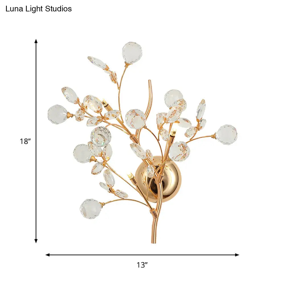 Modern Gold Beveled Crystal Wall Light With Branch Design - 2/3 Heads Mounted Fixture