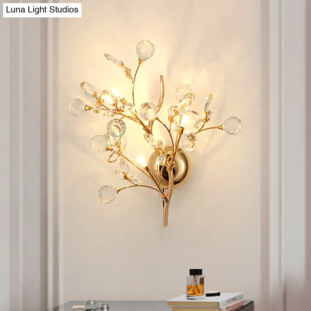 Modern Gold Beveled Crystal Wall Light With Branch Design - 2/3 Heads Mounted Fixture