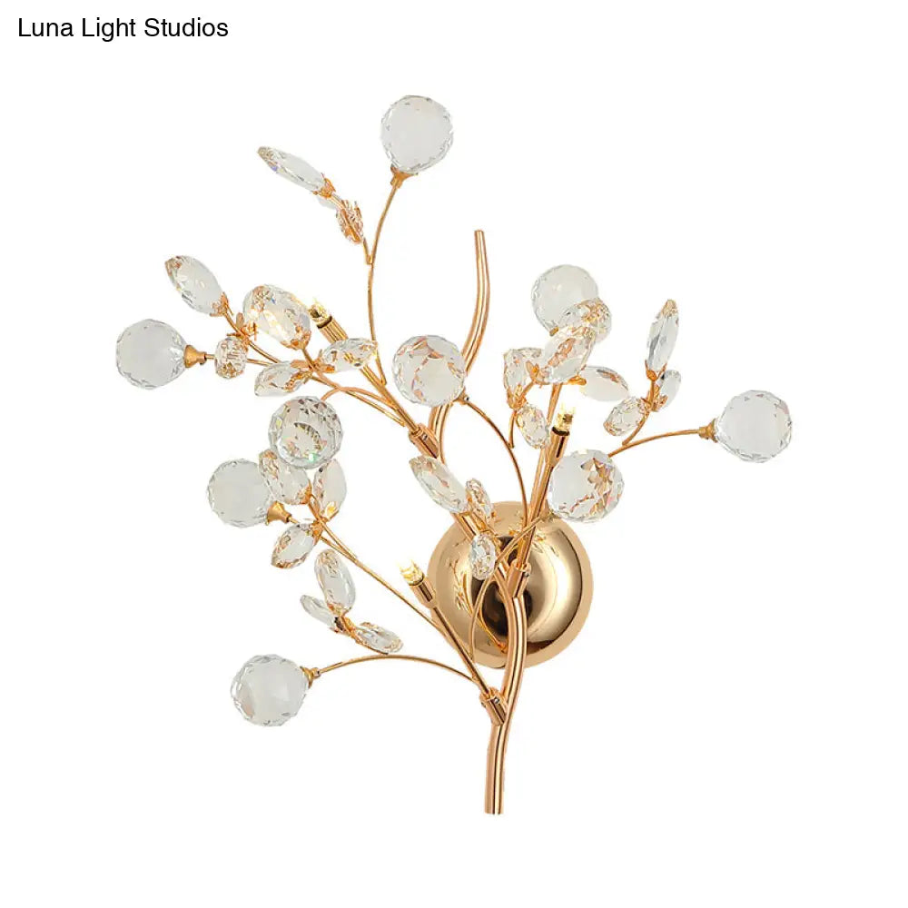 Modern Gold Beveled Crystal Wall Light With Branch Design - 2/3 Heads Mounted Fixture