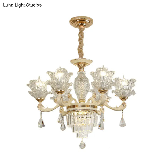 Modern Gold Blossom Chandelier With 6 Clear Glass Heads - Stylish Ceiling Pendant Light For Living