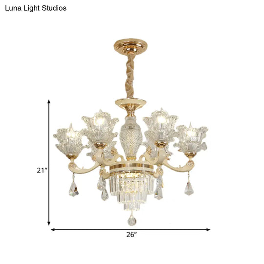 Modern Gold Blossom Chandelier With 6 Clear Glass Heads - Stylish Ceiling Pendant Light For Living