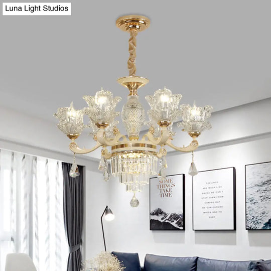 Modern Gold Blossom Chandelier With 6 Clear Glass Heads - Perfect For Living Room Ceilings