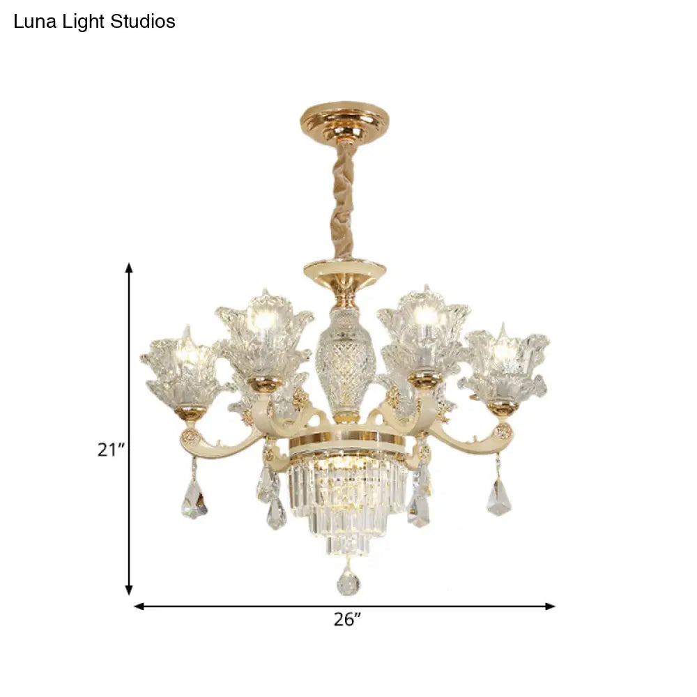 Modern Gold Blossom Chandelier With 6 Clear Glass Heads - Perfect For Living Room Ceilings