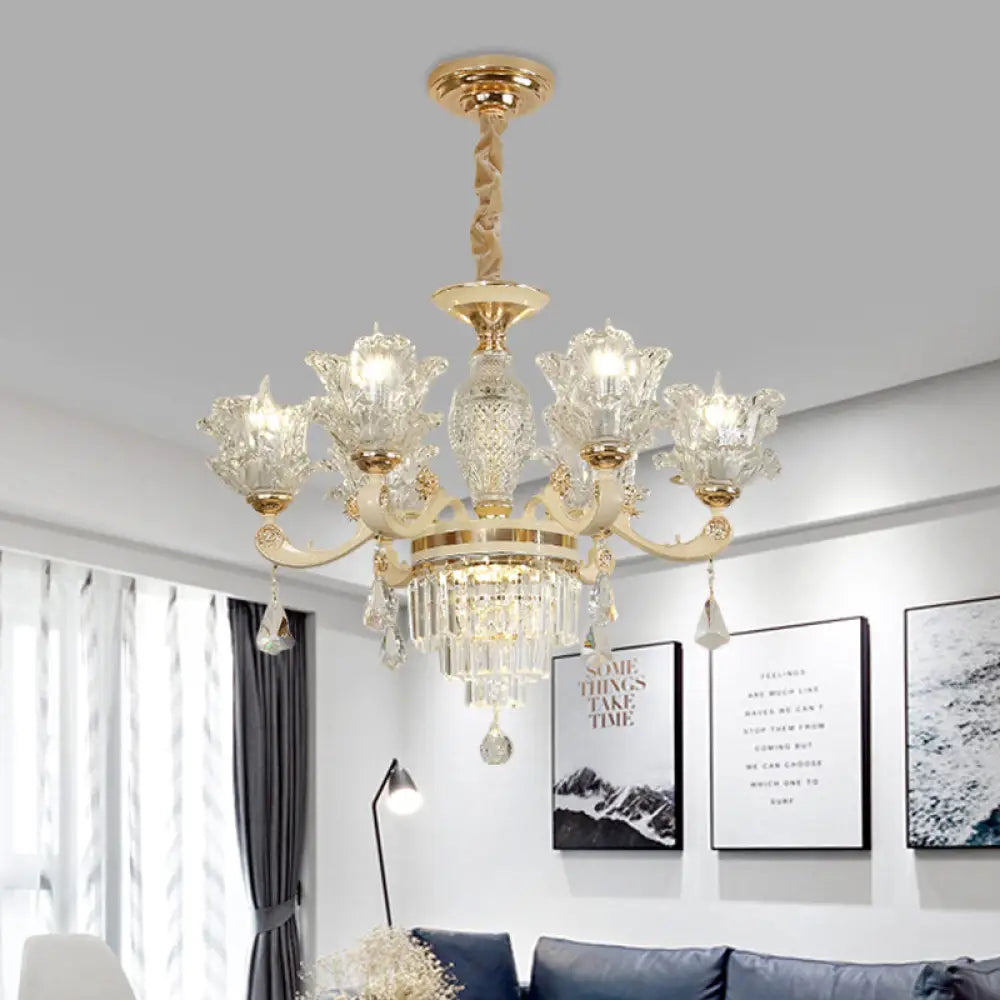 Modern Gold Blossom Chandelier With 6 Clear Glass Heads - Stylish Ceiling Pendant Light For Living