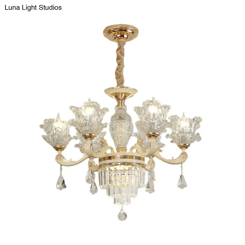 Modern Gold Blossom Chandelier With 6 Clear Glass Heads - Perfect For Living Room Ceilings