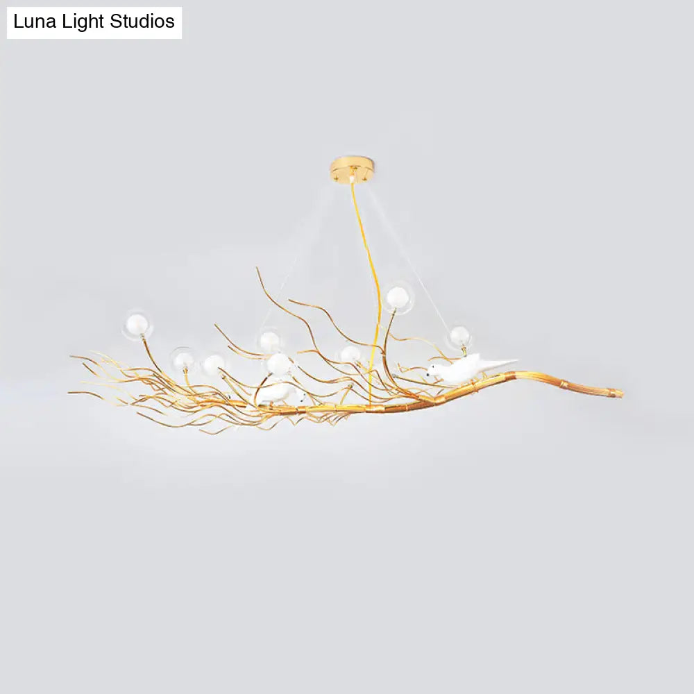 Modern Gold Branch Pendant Light With Clear Glass Island Lamp - 10-Light Design Birds Ideal For