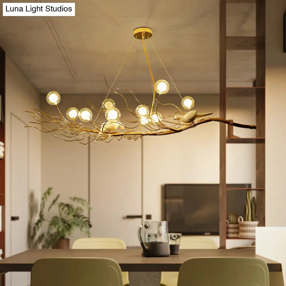 Modern Gold Branch Pendant Light With Clear Glass Island Lamp - 10-Light Design Birds Ideal For