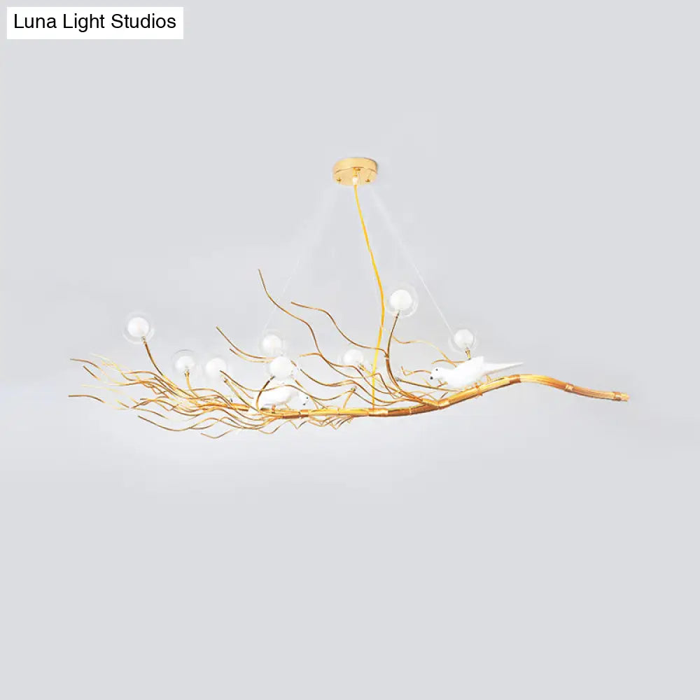 Modern Gold Branch Pendant Light With Clear Glass Island Lamp - 10-Light Design Birds Ideal For