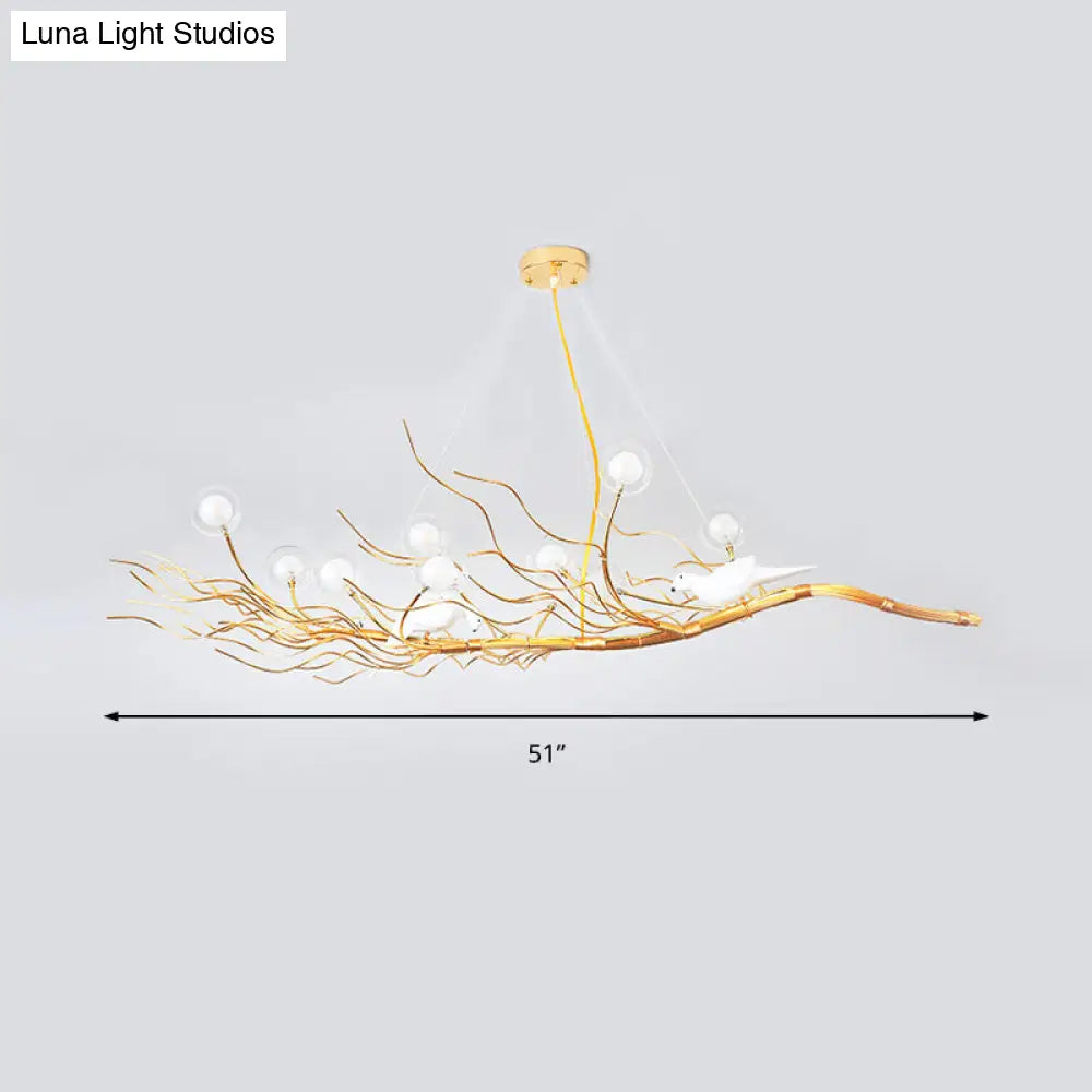 Modern Gold Branch Pendant Light With Clear Glass Island Lamp - 10-Light Design Birds Ideal For