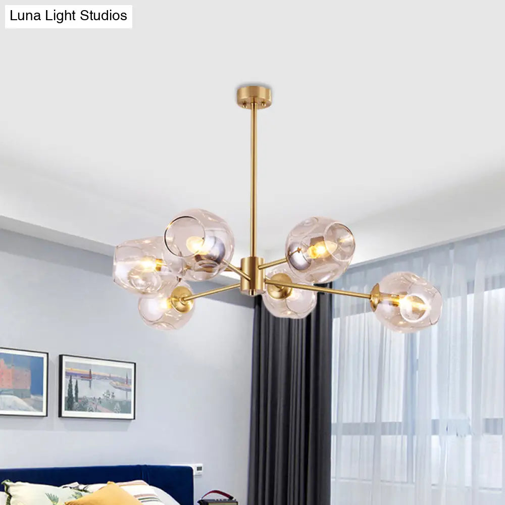 Modern Gold Branched Chandelier - 6 Heads Dimpled Cup Glass Suspension Light