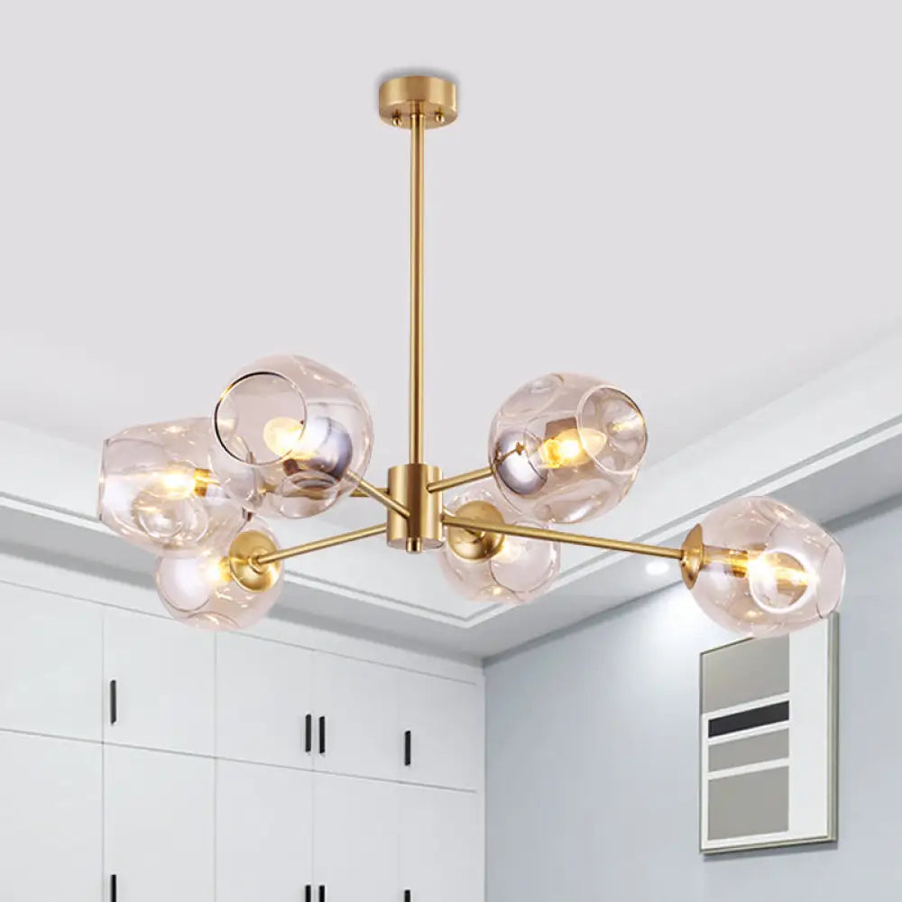 Modern Gold Branched Chandelier - 6 Heads Dimpled Cup Glass Suspension Light