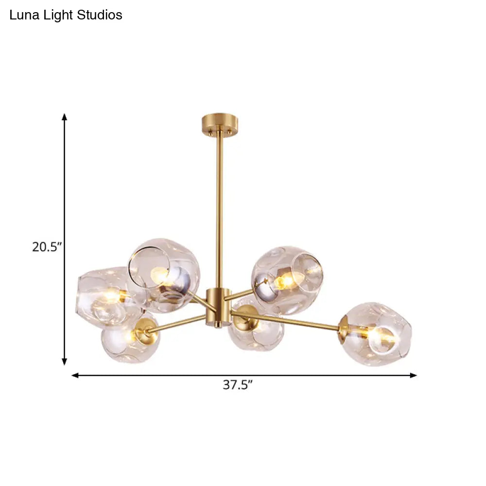 Modern Gold Branched Chandelier - 6 Heads Dimpled Cup Glass Suspension Light