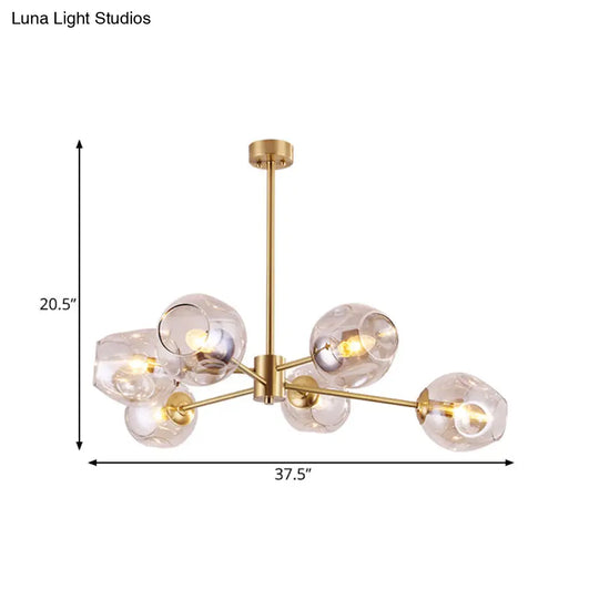 Modern Gold Branched Chandelier - 6 Heads Dimpled Cup Glass Suspension Light