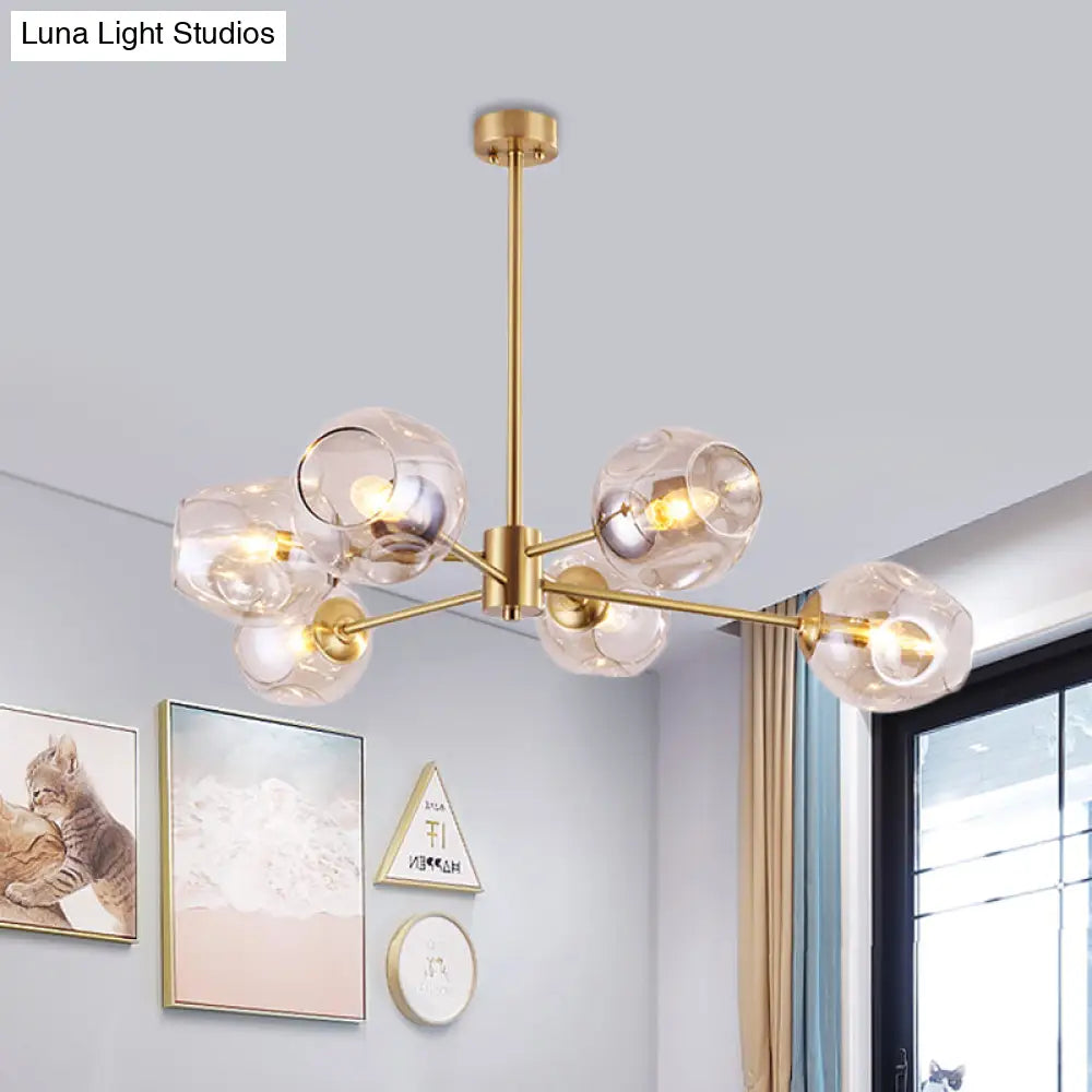 Modern Gold Branched Chandelier - 6 Heads Dimpled Cup Glass Suspension Light