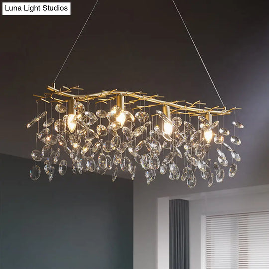 Modern Gold Branching Island Hanging Lamp With Crystal Droplets - 4-Bulb Metallic Pendant Light