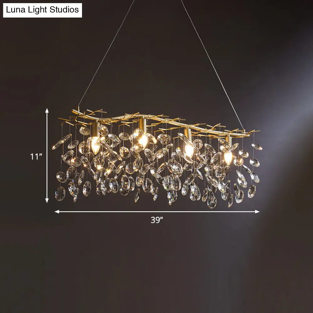 Modern Gold Branching Island Hanging Lamp With Crystal Droplets - 4-Bulb Metallic Pendant Light