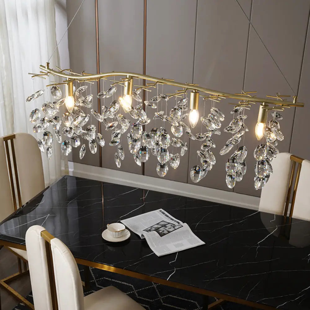 Modern Gold Branching Island Hanging Lamp With Crystal Droplets - 4-Bulb Metallic Pendant Light