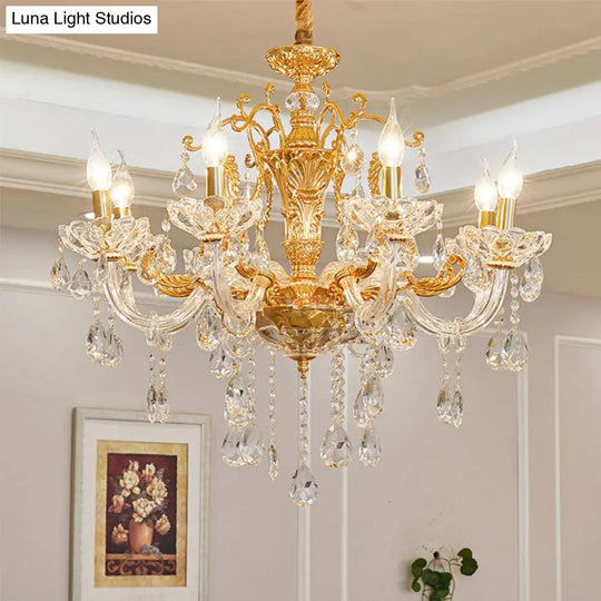 Modern Gold Candelabra Chandelier Light With Crystal Accents - 8 Metal Pendant Heads