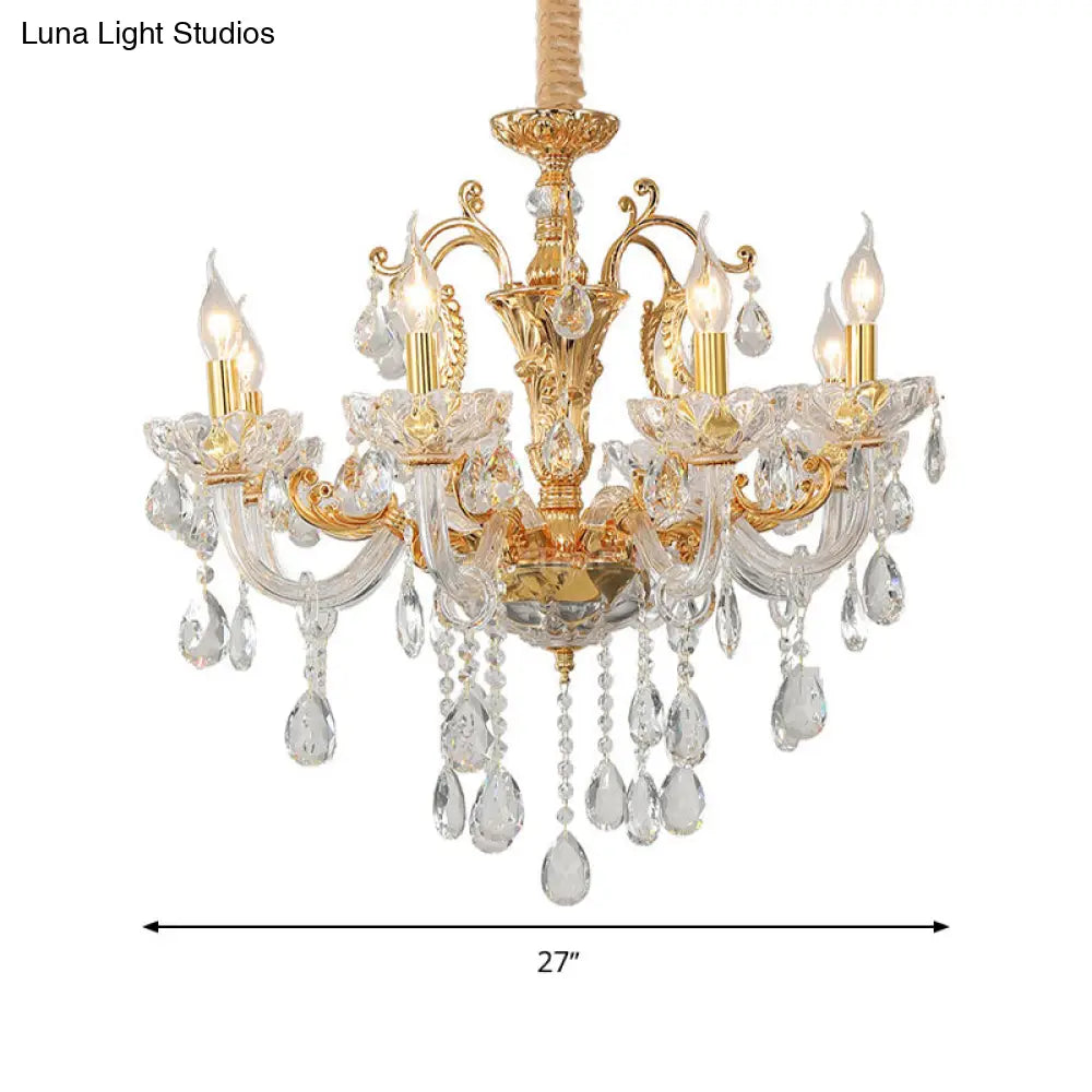 Modern Gold Candelabra Chandelier Light - 8 Heads Metal Pendant Lighting With Dangling Crystal