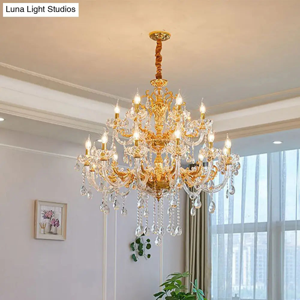 Modern Gold Candelabra Chandelier Light - 8 Heads Metal Pendant Lighting With Dangling Crystal