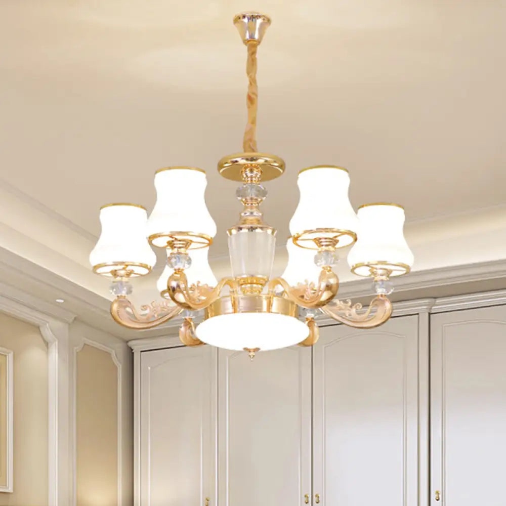 Modern Gold Carved Arm Milk Glass Chandelier - Bedroom Pendant With 6 Heads And Crystal Accents