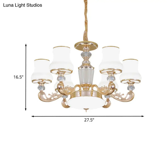 Modern Gold Carved Arm Milk Glass Chandelier - Bedroom Pendant With 6 Heads And Crystal Accents