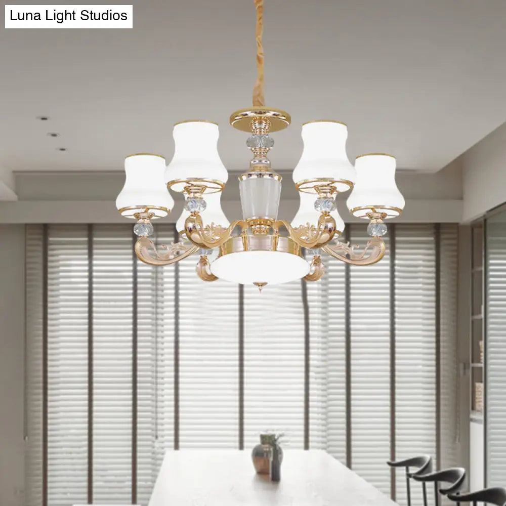 Modern Gold Carved Arm Milk Glass Chandelier - Bedroom Pendant With 6 Heads And Crystal Accents