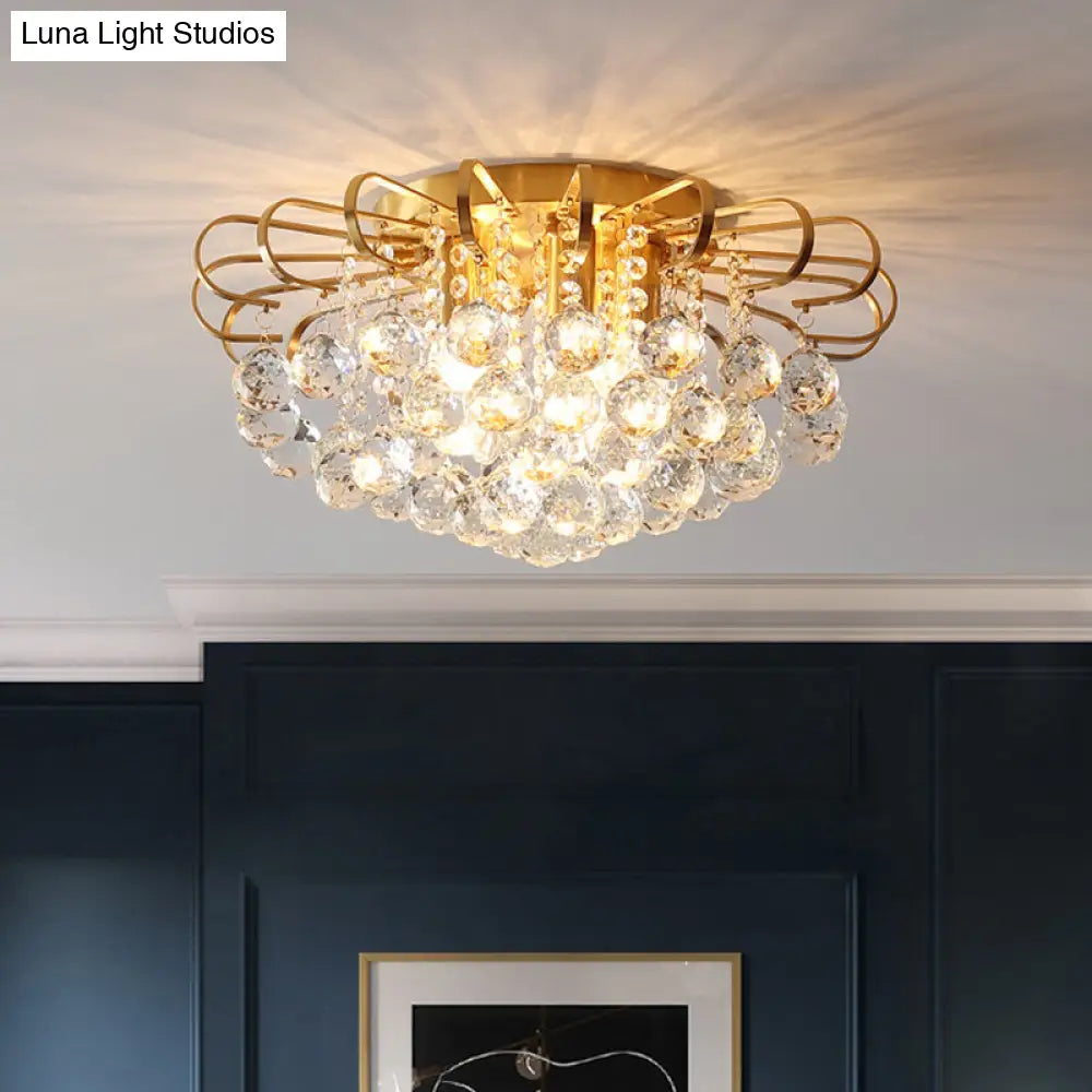 Modern Gold Cascade Flush Mount Light - Crystal Ball Ceiling (3/5 Lights 14’/18’ Wide)