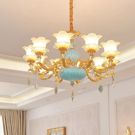 Modern Gold Ceiling Chandelier With Frosted Glass Crystal Accents 10 /