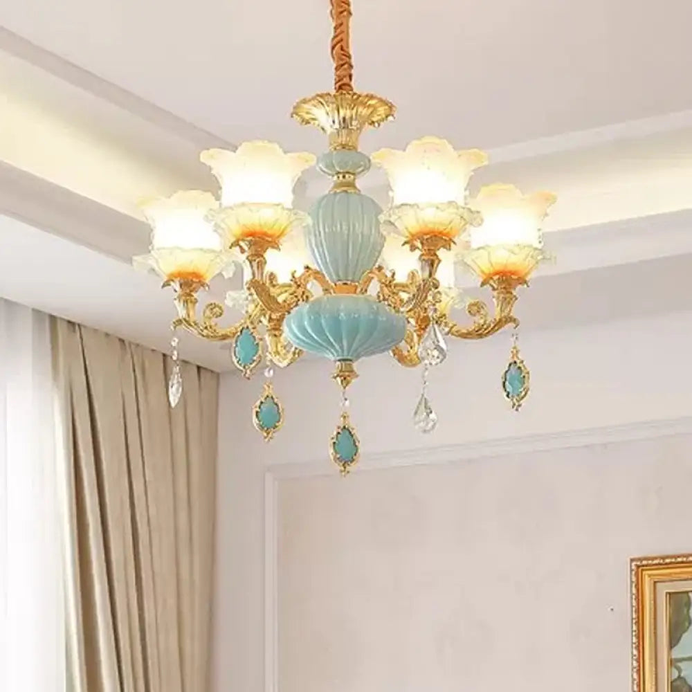 Modern Gold Ceiling Chandelier With Frosted Glass Crystal Accents 6 /