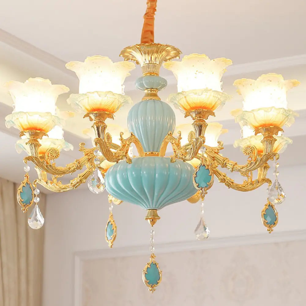 Modern Gold Ceiling Chandelier With Frosted Glass Crystal Accents 8 /