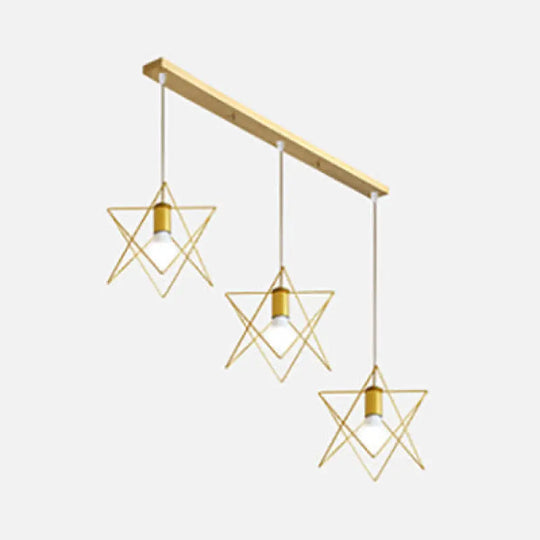 Modern Gold Ceiling Fixture With Retro Metallic Design - 3 Bulb Dining Room Hanging Light Star